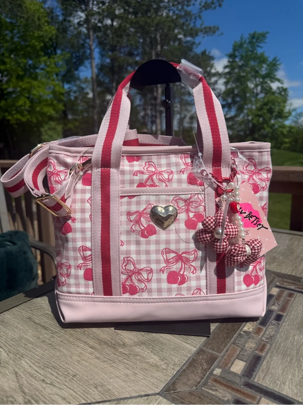 NWT Betsy Johnson Cherry Gingham Med Tote Crossbody w/ Charms Bag - Picture 1 of 5